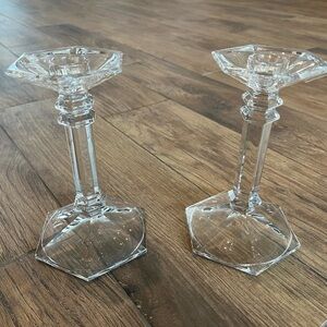 Pair of crystal contemporary/art deco candlestick holders - 4 1/4” x 7”